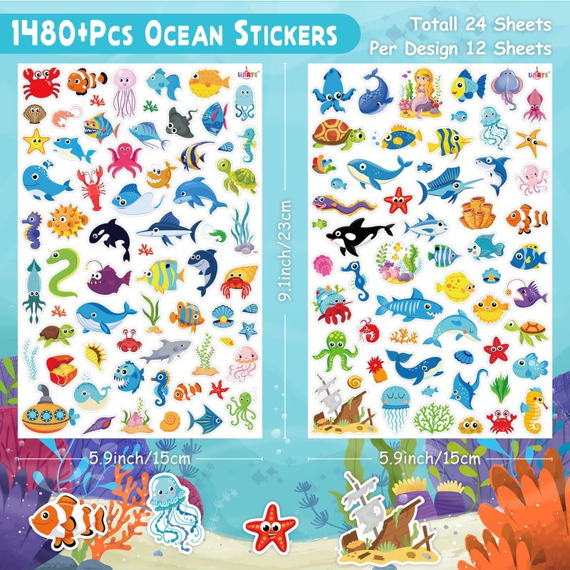 LINAYE 24 Sheets Ocean Stickers for Kids  1480PCS Waterproof Adhesive Fish Stickers  Under The Sea Animal Beach Stickers for Kids Small for Ocean Sea Party Favors  Scrapbooking  Water Bottles - Image 2